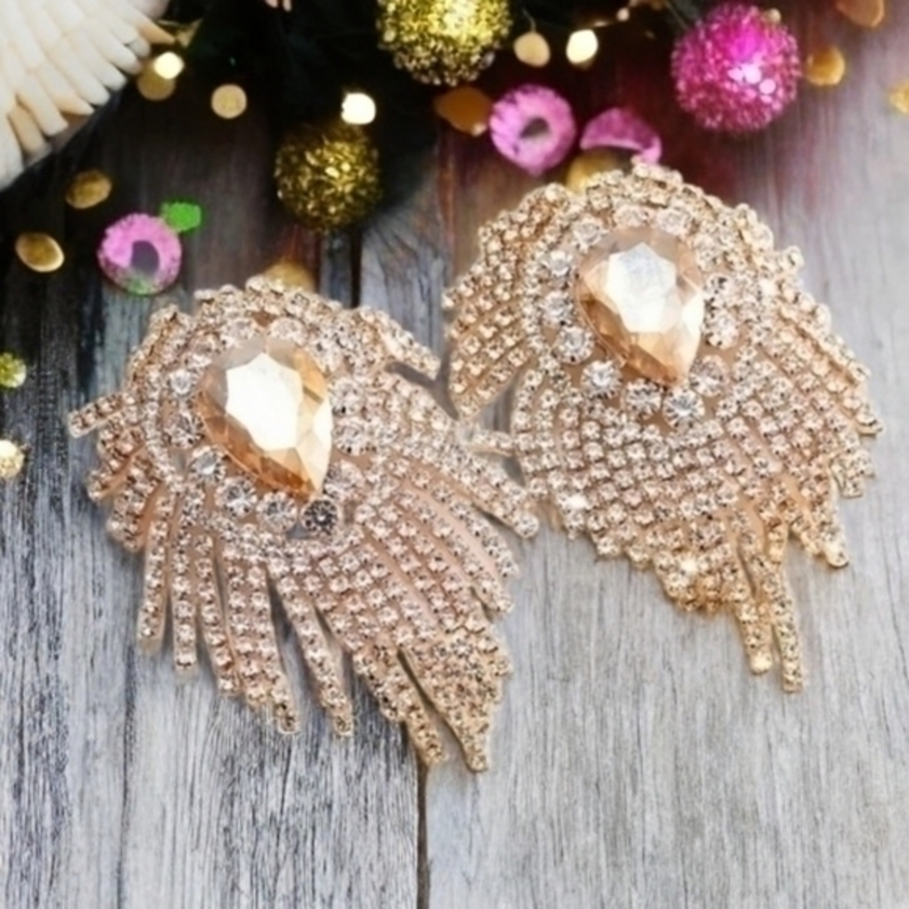 VINTAGE RHINESTONE CHAMPAGNE HOLLYWOOD GLAM COLLECTION EARRINGS